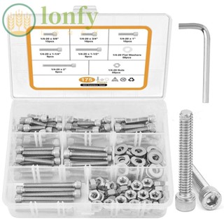 Lonfy ชุดสกรูหัวซ็อกเก็ตหกเหลี่ยม สเตนเลส 304 สกรูหกเหลี่ยม 6 ขนาด พร้อมกล่องเก็บ ยาว 5/8 นิ้ว ถึง 2 นิ้ว 175 ชิ้น