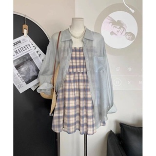 Summer suit womens 2023 new plus-size womens dress with all kinds of temperament sunscreen shirt plaid halter skirt two sets of fashion