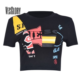 Vesglory เสื้อครอปท็อป คอกลม แขนสั้น พิมพ์ลาย สีตัดกัน เซ็กซี่ สําหรับผู้หญิง 2023