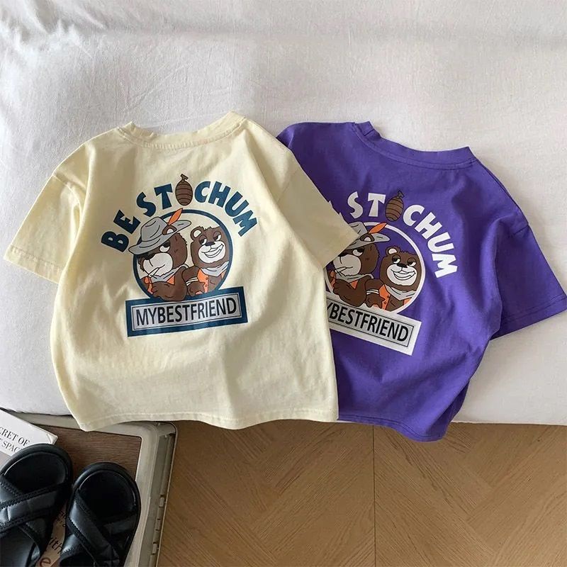 Boy T เสื้อ (1-14Y) คู่พิมพ์ 100% Cotton Tshirt สไตล์เกาหลี Tee แขนสั้นหลวมแฟชั่นเด็กสวมใส่ Budak Lelaki Baju