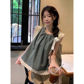 เสื้อเชิ้ตยีนแขนกุด ทรงหลวม แต่งลูกไม้ สไตล์เกาหลีวินเทจ แฟชั่นฤดูร้อน สําหรับผู้หญิง