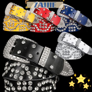 Zaijie24 Bling Bling Diamond Belt All-match Luxury Designer Brand Lolita คอสเพลย์กางเกงหนังแท้