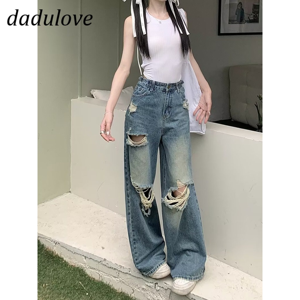 DaDulove New American Ins High Street Retro Ripped Jeans Niche High Waist Wide Leg Pants Large Size Trousers
