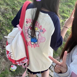 เสื้อยืดแขนห้าส่วน พิมพ์ลายการ์ตูน Hello Kitty Y2k Sanrio Kawaii สไตล์ญี่ปุ่น ระบายอากาศ สําหรับผู้หญิง [RAIN]