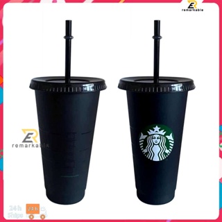 พร้อมส่ง Starbucks Straw Cup Pure Black Cup Food Grade Bpa Free 1/5pcs Scale Cup 710ml/24oz above_th