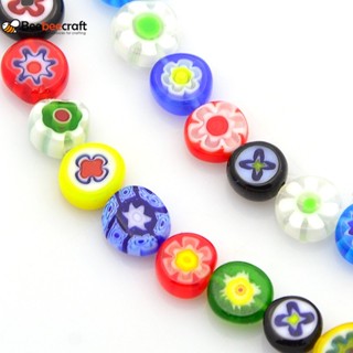 Millefiori ลูกปัดแก้ว ทรงกลมแบน แฮนด์เมด คละสี 7~9x3 มม. รู 1 มม. ประมาณ 48 ชิ้น ต่อเส้น 14~14.5 นิ้ว 5 เส้น