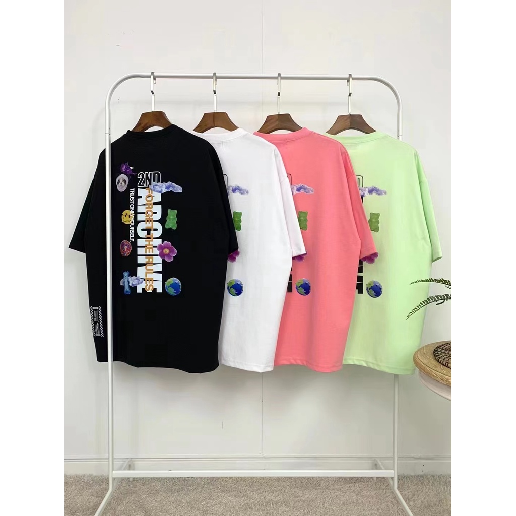 2ND Archive เสื้อยืดแขนสั้นหลวมพิมพ์ลายโลโก้การ์ตูนสําหรับผู้ชายและผู้หญิงเกาหลี OOTD