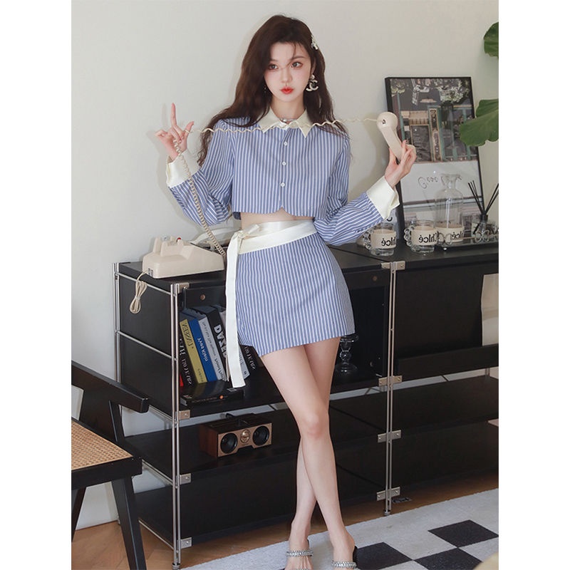 ชุดเสื้อเชิ้ตกระโปรง เอวสูง ลายทาง สีฟ้า แฟชั่นฤดูร้อน สไตล์เกาหลี สําหรับสตรี 2023