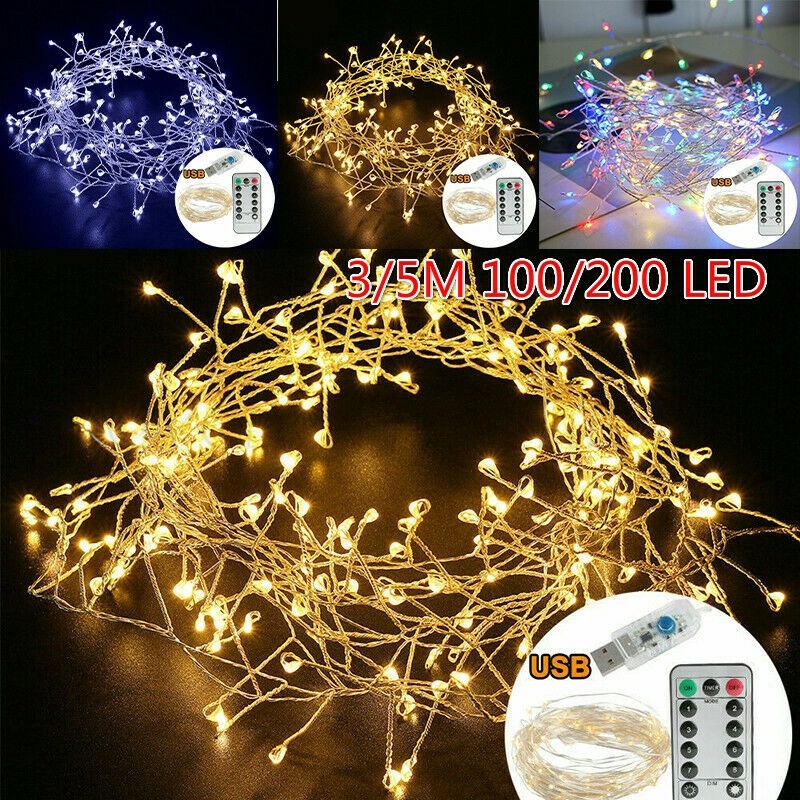 [Hot]100/200LED Firecracker Fairy USB String Lights รีโมทคอนโทรล Christmas Festival Party Night Light โคมไฟตกแต่งบ้านงานแต่งงานคริสต์มาสสวนตกแต่งบ้าน