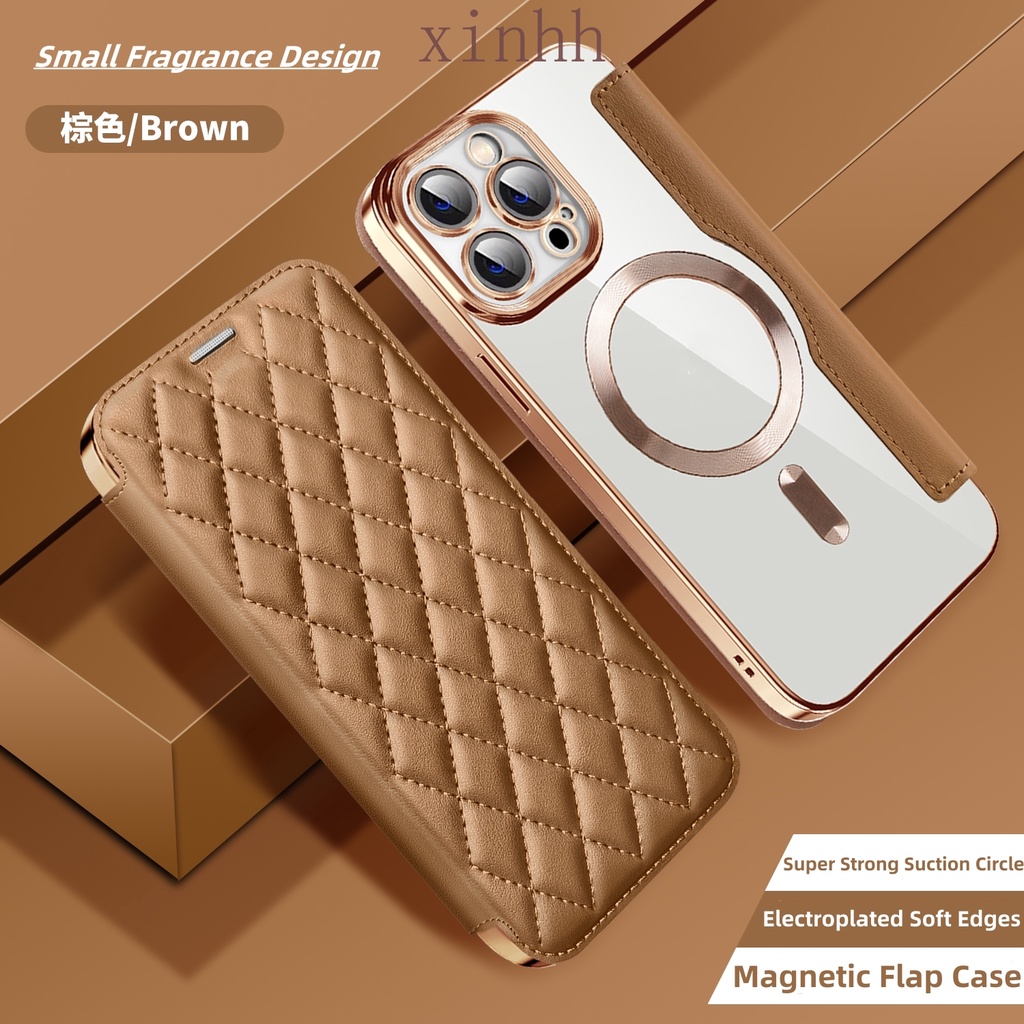 หรูหรา Electroplated แม่เหล็กพลิกซองหนังสําหรับ ไอโฟน 16 15 14 บวก 13 12 11 มือโปร สูงสุด คุณภาพสูงลายสก๊อตฝาครอบโทรศัพท์ป้องกันการหล่นใสบัตรปลอก