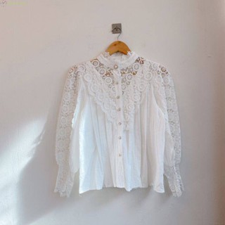 เสื้อเบลาส์ แขนยาว คอหอยเชลล์ แต่งลูกไม้ สําหรับผู้หญิง
