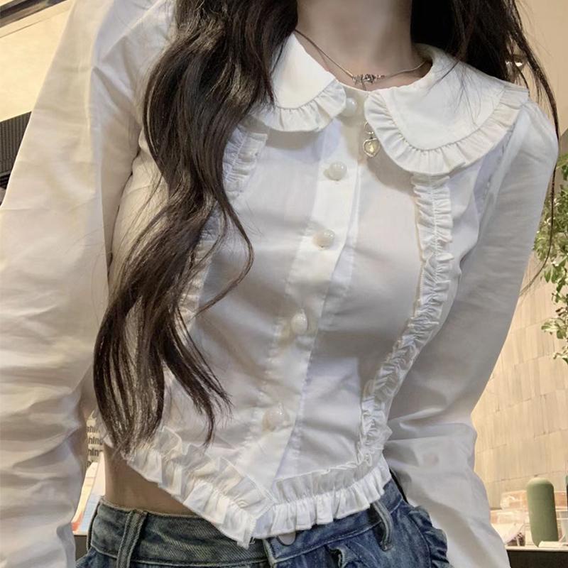 ขายดี เสื้อเชิ้ตแขนยาว คอตุ๊กตา ผ้าลูกไม้ สีขาว สไตล์เกาหลี เรียบง่าย เข้ากับทุกการแต่งกาย แฟชั่นฤดูใบไม้ผลิ และฤดูใบไม้ร่วง สําหรับผู้หญิง