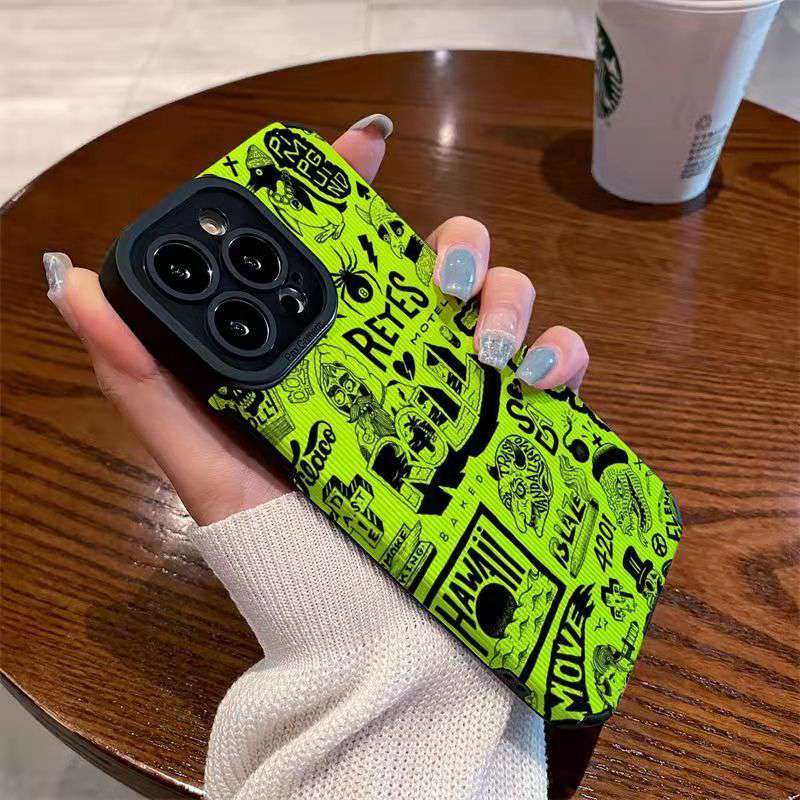 【ผิวหนังแกะ】เคสโทรศัพท์มือถือนิ่ม กันกล้อง สีเขียวเรืองแสง สําหรับ IPhone 6S 7 Plus 8 Plus X XS XR XS Max 11 13 12 14 PRO Max 14 Plus 12 13 Mini