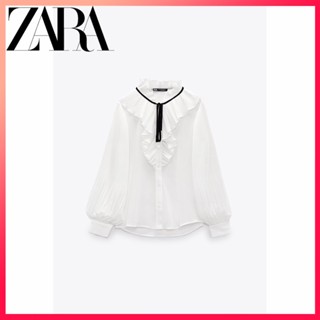 Zara ใหม่ เสื้อผ้าผู้หญิง สีตัดกัน โบว์ตกแต่ง ยืน ปกเสื้อ เสื้อเชิ้ต