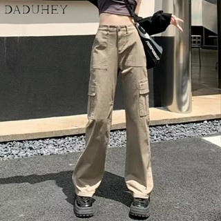 DaDuHey🎈 2023 New Hong Kong Style Japanese Multi-Pocket Trousers Loose Straight Pants Pure Color All-Matching Casual Cargo Pants Overalls