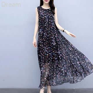 Large size western style floral printed chiffon dress summer new slimming belly covering over the knee sleeveless vest dress