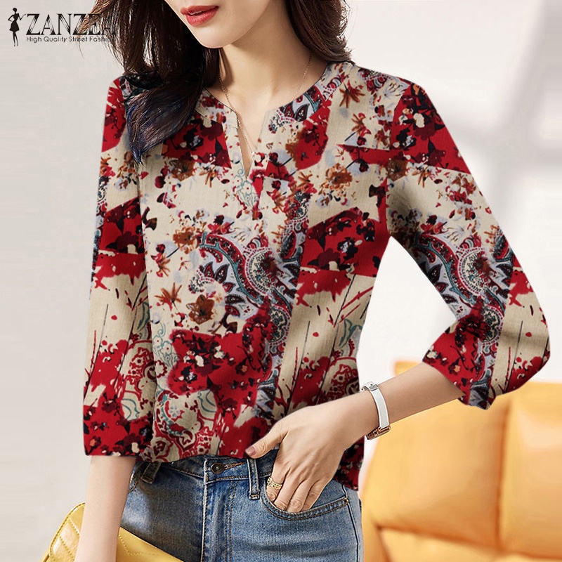 Zanzea เสื้อเบลาส์ คอวี แขน 3/4 พิมพ์ลาย สไตล์เกาหลี สําหรับผู้หญิง