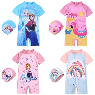 ชุดว่ายน้ํา แขนสั้น ลายการ์ตูนยูนิคอร์น Frozen Peppa พร้อมหมวก 2 ชิ้น สําหรับเด็กผู้หญิง