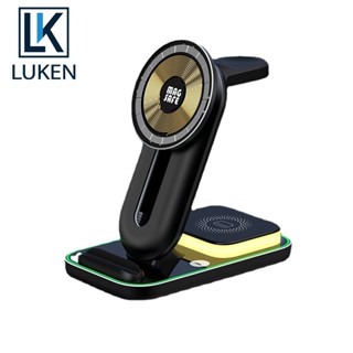 Luken 3 in 1 คอยล์ชาร์จไร้สาย ปรับได้ พร้อมไฟ LED สําหรับ iP 14 13 12 Pro Max Plus Watch Airp CellPhone Stand