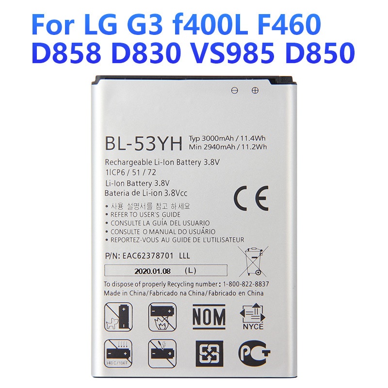 แบตเตอรี่ทดแทนBL-53YHสำหรับLG G3 F400L F460 D858 D830 VS985 D850 Authenticโทรศัพท์แบตเตอรี่3000MAh