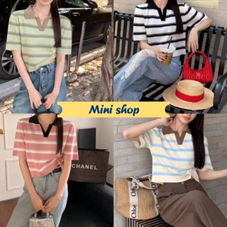 Mini shop🌸พร้อมส่ง🌸 (79001)  เสื้อไหมพรมแขนสั้นคอปก ดีเทลลายทางน่ารักสีพาสเทล  -C