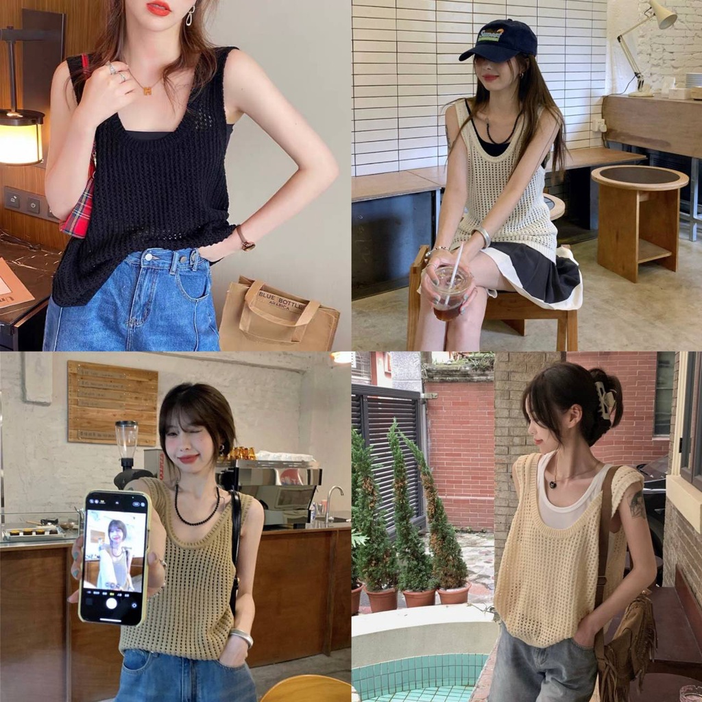 Pudding ~พร้อมส่ง~ "30CX03" เสื้อกล้ามไหมพรม ดีเทลถักลายตาข่าย ซีทรูเบาๆ