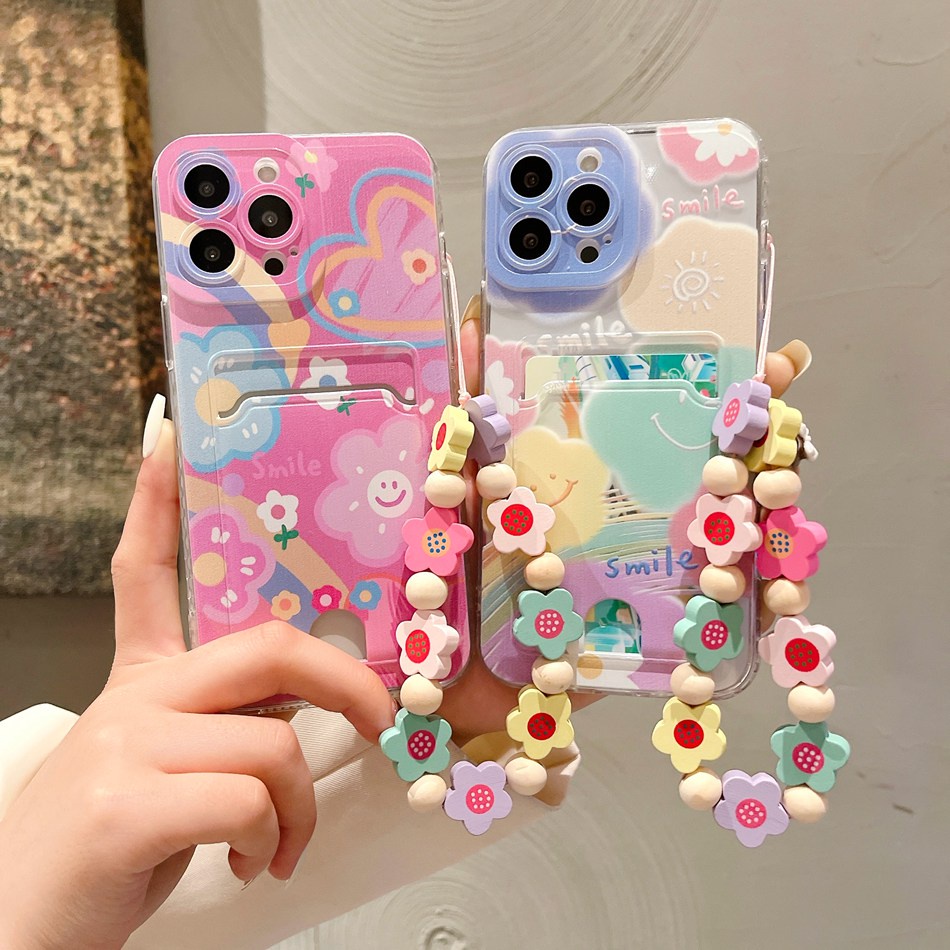 เคสโทรศัพท์มือถือแบบนิ่ม ใส ลายดอกไม้หน้ายิ้ม พร้อมช่องใส่บัตร สําหรับ Reno 8T OPPO A78 4G A17 A15 A16K A16 A55 A57 A54 A74 A94 A52 A92 A5 A9 2020