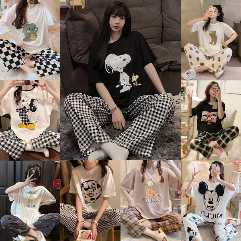 Fashion-TH ชุดนอนผู้หญิง ลายการ์ตูนต่างๆ ชุดนอนน่ารัก สวมใส่สบาย ฝีมือที่สวยงาม ชุดนอนแขนสั้นขาสั้น