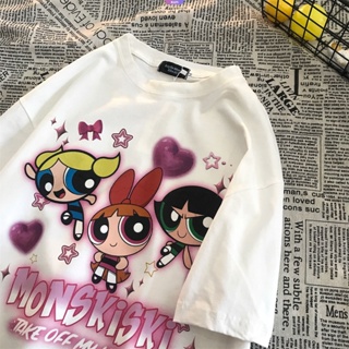 INS College Style Cartoon The Powerpuff Girls Printed Patterns Women Summer Thin Five-part Sleeve Tops Kawaii Girls Stud