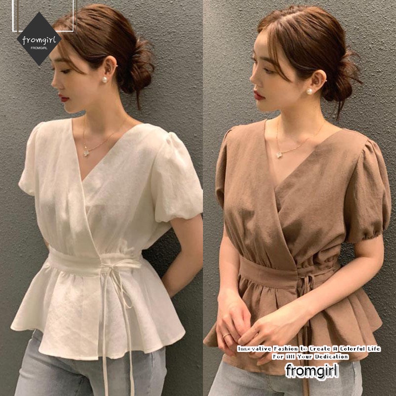 เสื้อเชิ้ตแขนพัฟ คอวี สไตล์วินเทจ แฟชั่นฤดูร้อน