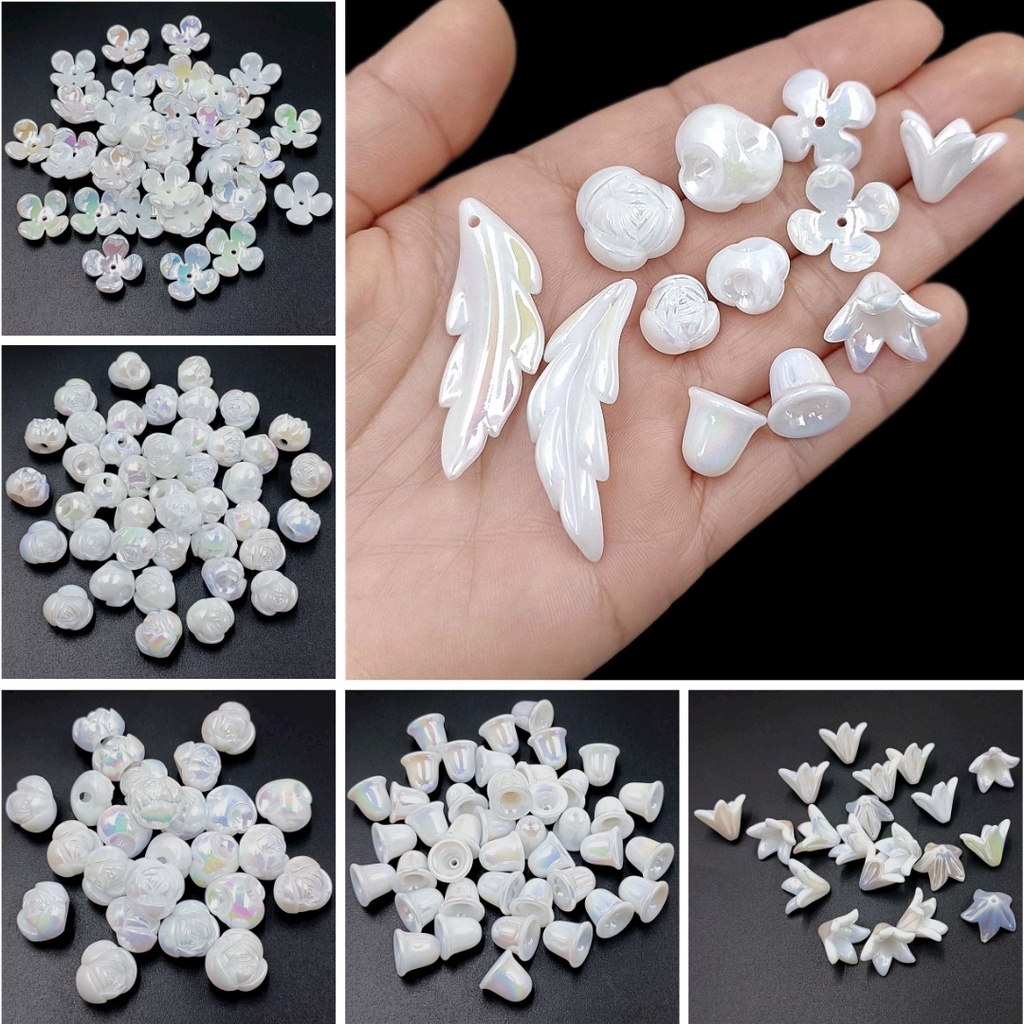 20 ชิ้นอะคริลิคสีขาว AB Dazzle สีดอกไม้ใบลูกปัด DIY เครื่องประดับวัสดุ Handmade อุปกรณ์เสริม