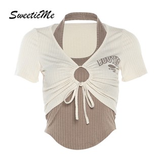 Sweeticme เสื้อยืดลําลอง แขนสั้น เข้ารูป สีตัดกัน แฟชั่นฤดูร้อน สําหรับสตรี 2023