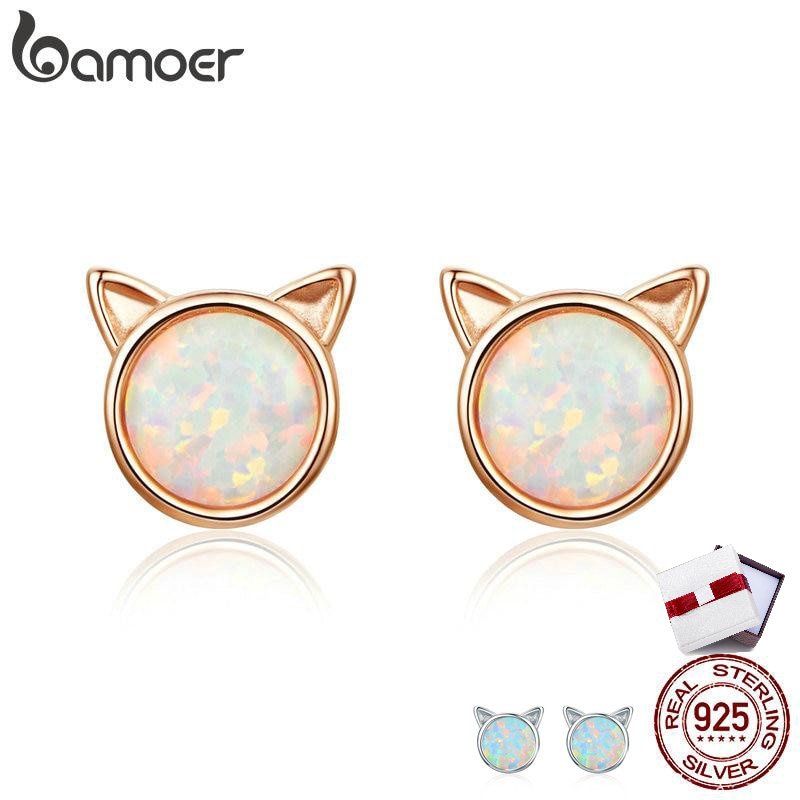 Bamoer ต่างหูแพลตตินัม รูปแมวน่ารัก สีโรสโกลด์ S925