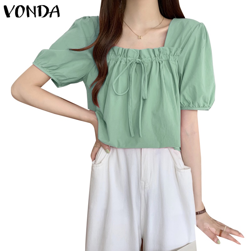Vonda เสื้อเชิ้ตแขนสั้น คอสี่เหลี่ยม แขนพัฟ ผูกเชือกด้านหน้า สไตล์เกาหลี สําหรับผู้หญิง