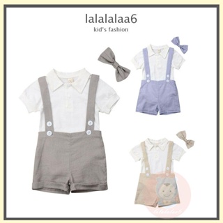 Laa6- เสื้อแขนสั้น สีพื้น รอมป์ + กางเกงขายาว ติดกระดุม + เนคไทโบว์ สําหรับเด็กผู้ชาย