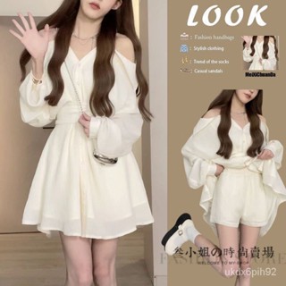 [พีชที่ต้องการ]✨พร้อมส่ง✨ชุดเดรสเสื้อเปิดไหล่ กางเกงขาสั้น เข้ากับทุกการแต่งกาย สไตล์เกาหลี สําหรับเด็กผู้หญิง มี 2 สี