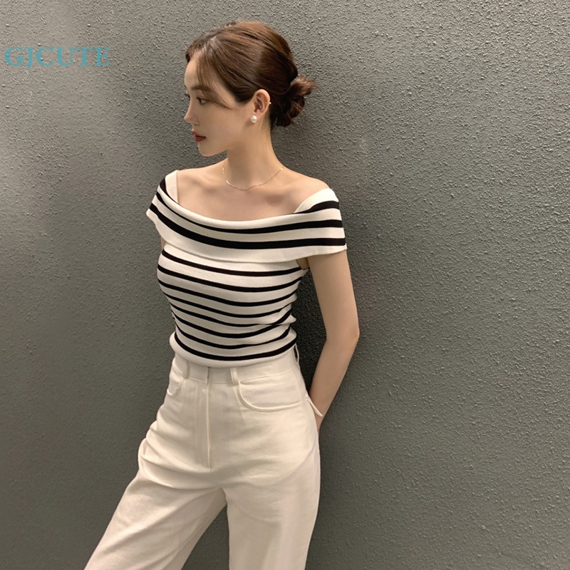 Gjcute เสื้อยืดแขนสั้น เปิดไหล่ ผ้าถัก ลายทาง เซ็กซี่ แฟชั่นฤดูร้อน สําหรับผู้หญิง WTD