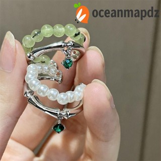 OCEANMAPDZ แหวนหยก ประดับไข่มุก ทรงเรขาคณิต สีเขียว สไตล์จีน เรโทร