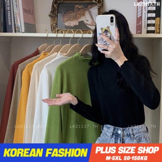 Plus size เสื้อผ้าสาวอวบ❤ เสื้อยืดสาวอวบอ้วน ไซส์ใหญ่ ผู้หญิง ทรงหลวม แขนยาว คอเต่า สีดำ ฤดูใบไม้ผลิ สไตล์เกาหลีแฟชั่น