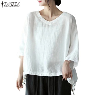 Zanzea เสื้อเบลาส์ แขน 3/4 คอวี ผ้าฝ้าย ผ้าลินิน สีพื้น สไตล์เกาหลี สําหรับผู้หญิง