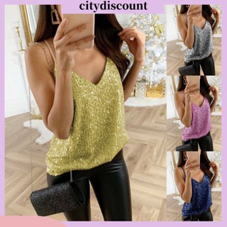 &lt;citydiscount&gt; เสื้อสายเดี่ยว คอวี ปักเลื่อม เหมาะกับฤดูร้อน ฤดูใบไม้ร่วง สําหรับผู้หญิง