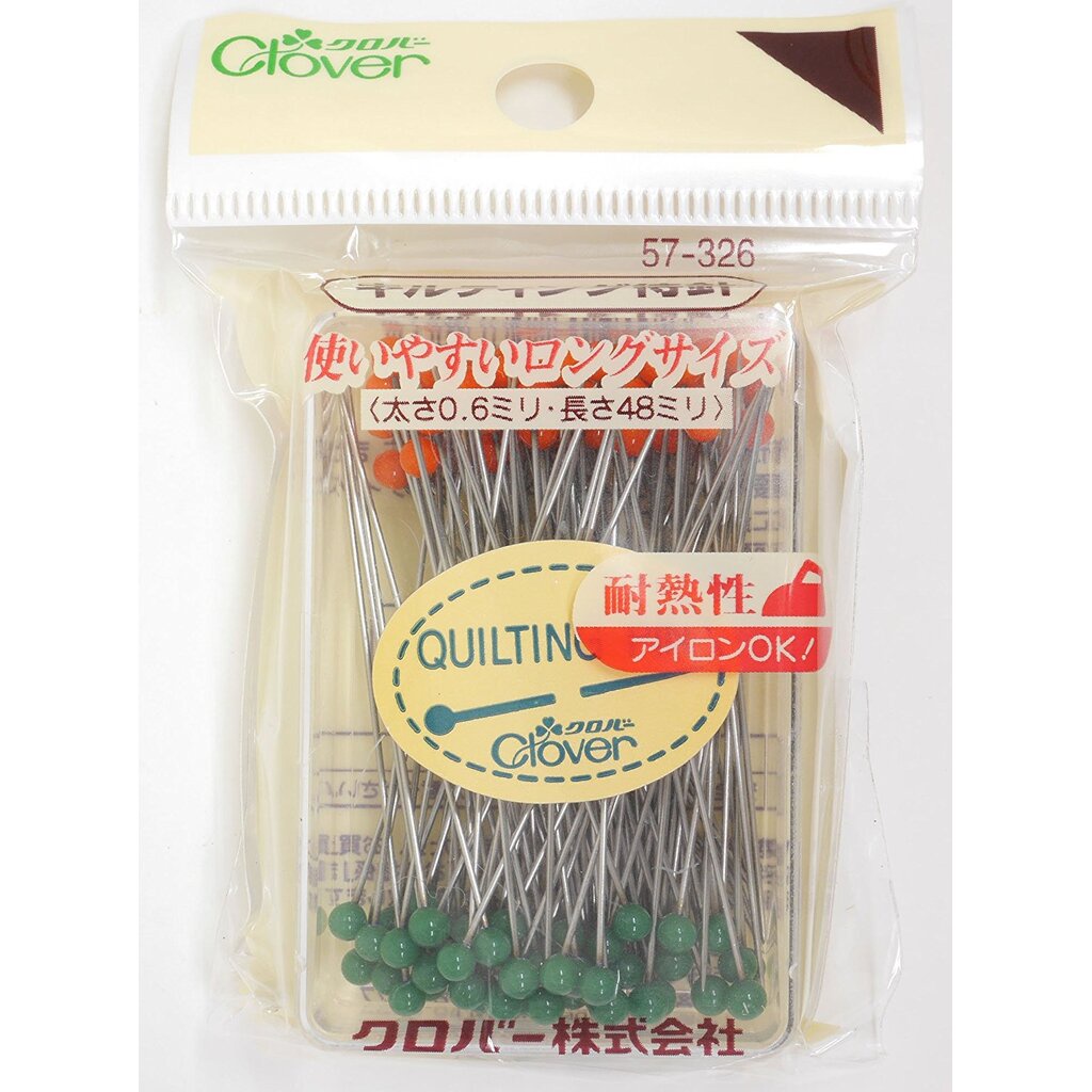 Clover 57-326เข็มหมุดหัวเแก้วเข็มบาง สามารถรีดได้ ขนาดเข็ม0.6มม. ความยาว48มม. บรรจุ100เล่ม สีส้ม สีเขียว