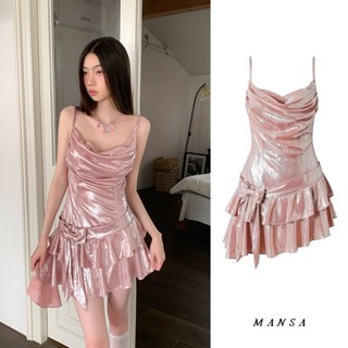 MANSA pink bow dress with straps เดรสสายเดี่ยว ชุดสวย เดรสผู้หญิง