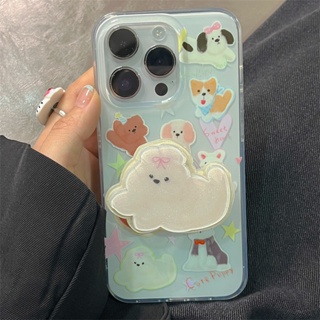 ใหม่ เคสโทรศัพท์มือถือ ซิลิโคน กันกระแทก ลายการ์ตูนลูกสุนัข ดาวน่ารัก พร้อมที่ตั้งวาง สองชั้น สําหรับ Iphone 11 12 13 14 14promax 14 13Pro 11 12