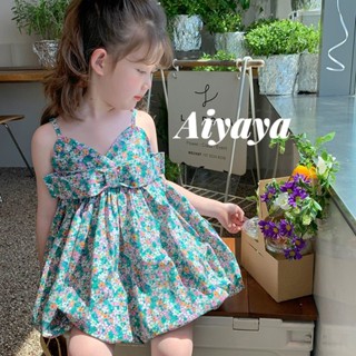 Aiyaya เดรสเด็กผู้หญิง กระโปรงดอกไม้สีเขียว แฟชั่นฤดูร้อน สไตล์เกาหลี （646）