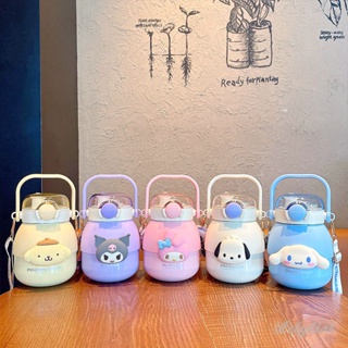 ღ 880ml Sanrio Kawaii Belly Cup 316 Stainless Steel Thermos Cup With Straw Cute My Melody Kuromi Water Bottle Outdoor Double Drinking Cup