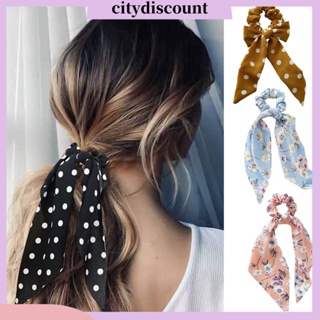 &lt;citydiscount&gt;  ยางรัดผม ผ้าชีฟอง พิมพ์ลายจุด ดอกไม้ ผูกโบว์ ป้องกันการตก เครื่องประดับผม