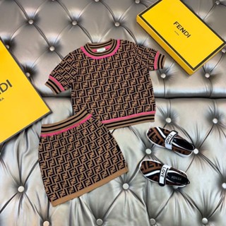 Fendi_summer ใหม่ ชุดเสื้อแขนสั้น กระโปรง ผ้าฝ้าย สองชิ้น ขนาดใหญ่ กลาง และใหญ่ สไตล์เกาหลี สําหรับเด็ก