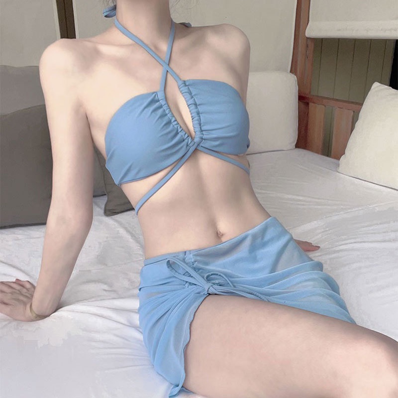 👙พร้อมส่งในไทย บิกินี่3ชิ้น ชุดบิกินี่ ผูกคอ สไตล์เซ็กซี่ bikini set มีฟองน้ำ