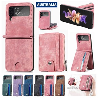 เคสหนัง ฝาพับ พร้อมช่องใส่บัตร และขาตั้ง มีซิป สําหรับ Samsung Galaxy Z Flip 5 4 3 5G